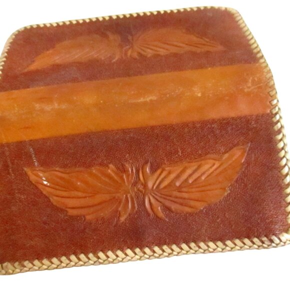 Vintage Clutch Wallet 1970's Women's 7" Handmade Leather Tooled Leaved Hippie - Picture 8 of 10